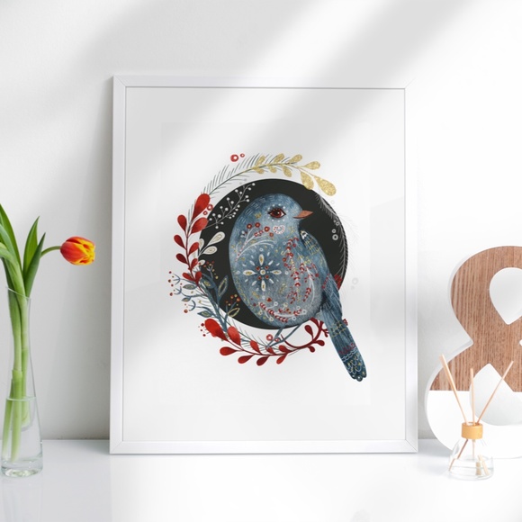 Wall Art Cute Blue Bird Portrait Illustration Print Poster Unframed - Picture 3 of 5